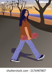 A teenage girl walks in autumn with a skate. Autumn mood. Cheerful woman. Flat Vector Illustration