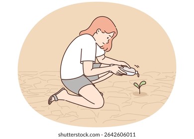Menina adolescente regando plantas que crescem a partir de solo seco ou em necessidade de umidade devido à falta de chuva. Cuidar da mulher é tentar plantar árvores que estão morrendo devido à natureza poluída e às mudanças climáticas