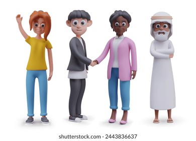 Teenage girl waves her hand, man and woman shake hands, grandfather in traditional Arab clothing