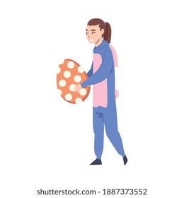Teenage Girl Wearing Bunny Costume Carrying Huge Decorated Easter Egg, Happy Easter Concept Cartoon Style Vector Illustration