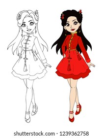 Teenage girl wearing chinese traditional costume. Contour picture for coloring book or paper doll. Hand drawn vector illustration. Lunar new year.   