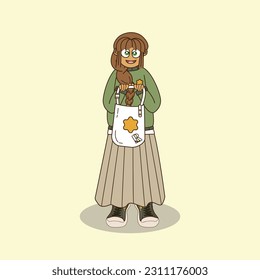 Teenage girl wearing green sweaters and skirts and carrying sling bags