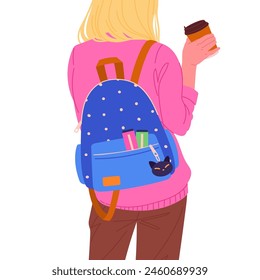 Teenage girl wearing school bag. Female student carrying backpack, girl with backpack back view flat vector illustration. Woman with backpack