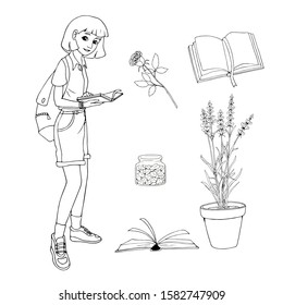 Teenage girl wearing shorts and snickers standing with a backpack and a book. Teenager's life. Set of botanic things (plants, flower pot). White and black vector illustration for coloring book.