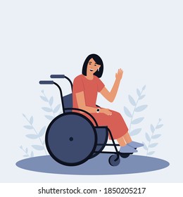 Teenage girl in a wheelchair. Smiling girl waving her hand in greeting. The concept of an accessible environment for people with disabilities. Flat vector illustration.