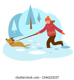 A teenage girl in winter clothes walks her dog in the winter forest. Girl in a hat and jacket running in the snow. Happy lass. Walking the Dog Day. Vector graphics, part 2.