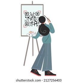 Teenage girl writes q-r code on an easel. Young artist with palette and paints. Back view. Work and study at home. The concept of the fight against covid. Modern creative vector in flat cartoon style