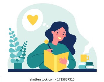 Teenage girl writing diary or journal. Happy young woman reading book and taking notes with pencil. Vector illustration for journal, author, student, teenager in love concept