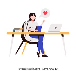 Teenage girl writing diary or journal. Happy young woman reading book and taking notes with pencil. Vector illustration for journal, author, student, teenager in love concept