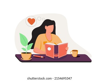 Teenage girl writing diary or journal. Happy young woman reading book and taking notes with pencil. Vector illustration for journal, author, student, teenager in love concept. Homework, love diary.