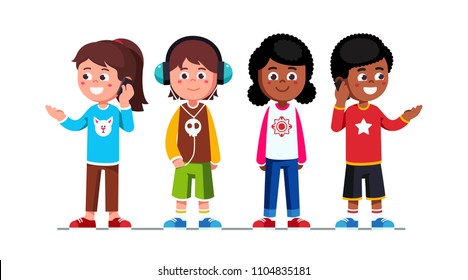 Teenage girls & boys children standing & using mobile phones making calls. Schoolgirls and schoolboys teens cartoon characters set. Boy listening to music using headphones. Flat vector illustration