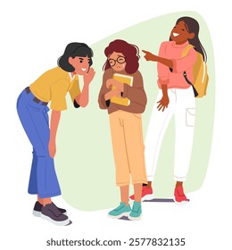 Teenage girls bullying younger female student who weeping with tears feeling stress and sadness vector illustration. Humiliation, abuse, discrimination and social communication at school concept