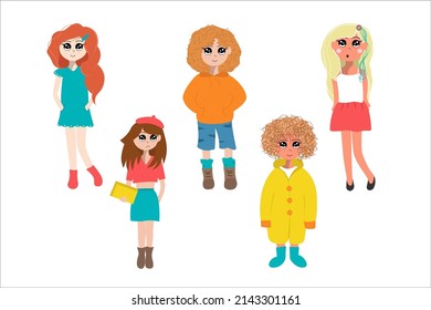 Teenage girls cartoon set. Women's cute images in different clothes. Different emotions: joy, surprise, chagrin