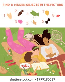 Teenage Girls and cat lying on grass in park. Young girls on picnic in nature. They relax, eat strawberries, read books. Find 8 hidden objects in picture. Puzzle with Hidden Items. Vector illustration