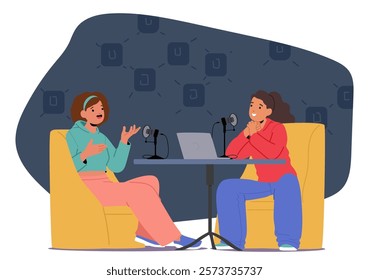 Teenage girls children characters streaming podcast live show on radio talking at microphone making content enjoying trendy hobby. Generation z young people creative activity vector illustration