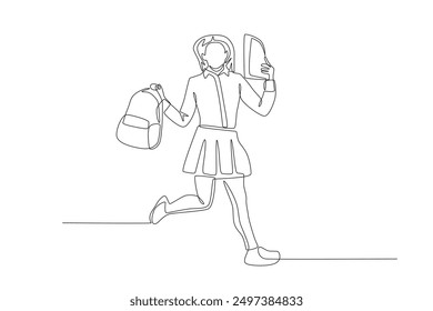 Teenage girls are excited to go back to school. Back to school concept one-line drawing