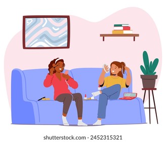 Teenage Girls Experiment With Makeup At Home, Blending Colors, Perfecting Eyeliner And Mastering Techniques To Enhance Their Features With Excitement And Creativity. Cartoon People Vector Illustration