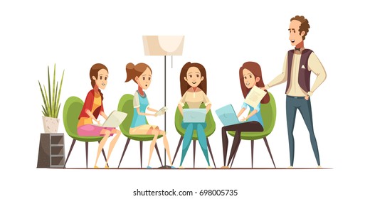 Teenage girls group with electronic gadgets attending workshop class at youth center retro cartoon vector illustration 