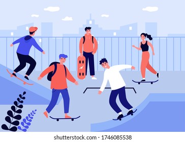 Teenage girls and guys enjoying skateboard activities. Young skateboarders practicing jumps in extreme skating park. Flat vector illustration for skatepark, active lifestyle, leisure, sport concept