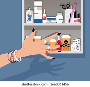 Teenage Girl's Hand Reaching For A Dangerous Drug In A Medicine Cabinet, EPS 8 Vector Illustration