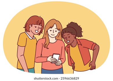 Teenage girls look at mobile phone and laugh at interesting video found on internet. Happy school age girls with smart phone are passionate about app and online games allowing to have fun