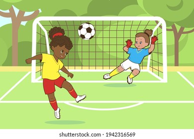 Las adolescentes juegan fútbol con la cabeza golpeando una pelota de fútbol en el gol. Ilustración vectorial en estilo de dibujos animados, arte aislado de línea blanca y negra