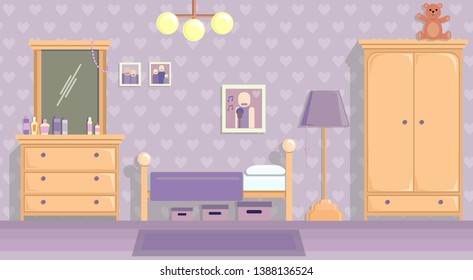 the teenage girls room in lilac . Vector image in flat design style.