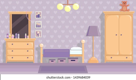 la habitación de las adolescentes en lilac. Imagen vectorial de diseño plano. Espacio en papel con espacio para texto