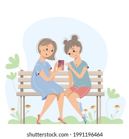 Teenage girls sitting on a wooden bench with a phone. Nice Girlfriends chatting. Vector summer illustration with two girls.