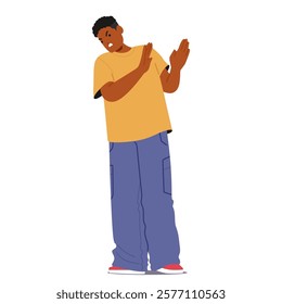 Teenage guy cartoon character gesturing denial, stop, rejection and protection of personal boundaries sign vector illustration isolated on white background. Young people negative emotion and reaction