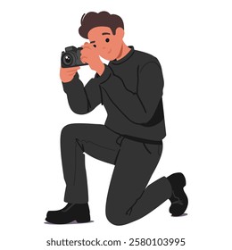 Teenage guy child cartoon character taking picture photo by digital camera playing crime investigation, offense place observation vector illustration. Young criminologist, smart investigator teenager