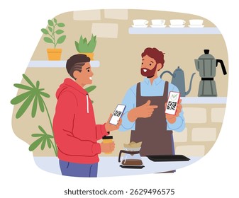Teenage guy paying for coffee drink at cafe using qr code scanner mobile application cartoon scene. Salesman checking payment success by verification barcode on smartphone vector illustration