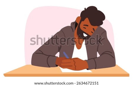 Teenage guy student cartoon character writing off exam covering correct answers of cheat sheets in class scene. Cheating creativity during education process in university vector illustration