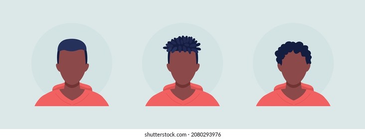 Teenage guy with three haircuts semi flat color vector character avatar set. Portrait from front view. Isolated modern cartoon style illustration for graphic design and animation pack