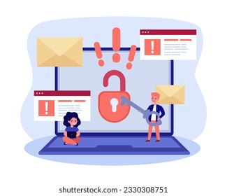 Teenage hackers attacking internet vector illustration. Cartoon drawing of tiny mischievous children threatening internet safety, boy with key unlocking big laptop. Cybersecurity, technology concept