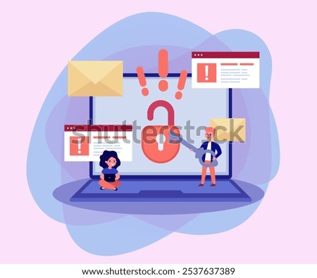 Teenage hackers attacking internet vector illustration. Cartoon drawing of tiny mischievous children threatening internet safety, boy with key unlocking big laptop. Cybersecurity, technology concept