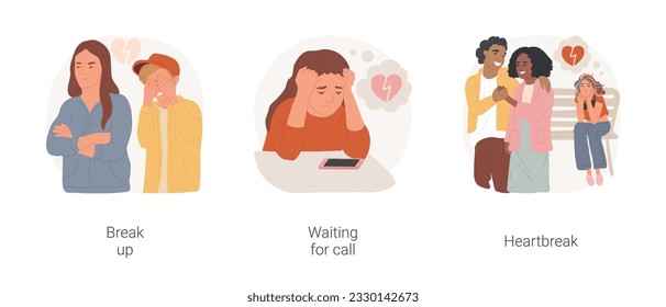 Teenage heartbreak isolated cartoon vector illustration set. Teen problems in relationship, young couple break up, waiting for call, looking at smartphone, jealous with ex boyfriend vector cartoon.