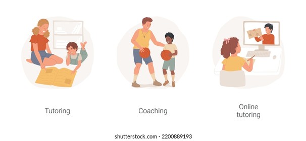 Teenage jobs isolated cartoon vector illustration set. Teenager teaching child, doing homework, giving class, sport coaching, online tutoring, video conference, summer job for teen vector cartoon.