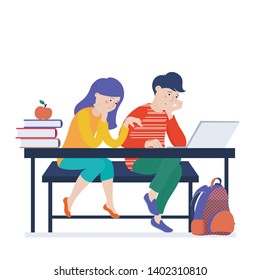 Teenage kids, girl and boy working on laptop, coding, learning computer science, vector illustration isolated on white background. Two kids, boy and girl learning to code, doing homework on computer