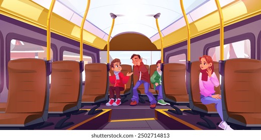 Adolescentes viajando en autobús escolar. Interior de autobus de Vector de dibujos animados con Vacantes y asas. Niños dentro del transporte: un adolescente sostiene su cara con las manos y llora, niños confundidos a su alrededor.