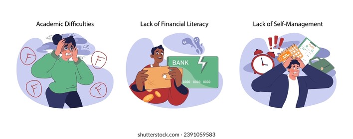 Die Herausforderungen des Teenagerlebens stehen bevor. Kämpfende Studierende, die gescheiterte Noten erhalten, junge Mann mit Kreditkartenschulden verwirrt, überwältigte Jungen jonglieren Zeit und Aufgaben. Flache Vektorgrafik