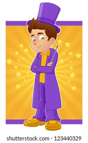 Teenage magician standing with arms crossed while holding magic wand