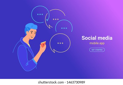 Teenage man using mobile app concept vector illustration. Young teenager with smartphone using mobile app for texting, sending instant messages in social media. Smiling boy on gradient background