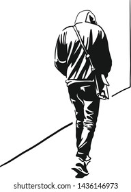 The teenage man is walking forward wearing sling bag sad nodding with a hood on a back view. 