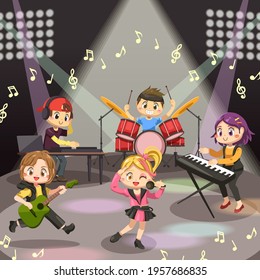 Teenage music band performing on concert scene. playing musical instruments and singer. Synthesizer, electric keyboard, guitar and drums in cartoon character, isolated Vector illustration