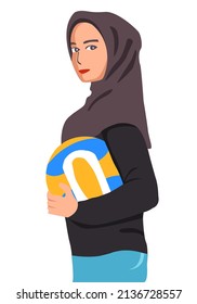 teenage muslim girl in black traditional hijab holding yellow volleyball. flat vector illustration