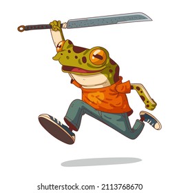 Rana ninja adolescente, ilustración vectorial. Rana humanizada valiente. Samurai moderno. Rana antropomórfica divertida y emocionada, corriendo hacia adelante en un salto con una espada. Un personaje animal con un cuerpo humano