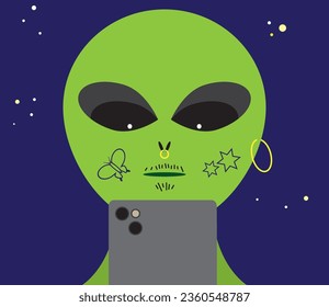 A teenage outer space alien with piercings and tattoos is staring at a cell phone