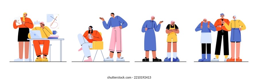 Teenage and parent relation problems. Mother and father scolding and blaming kids. Scenes of misunderstanding, dependence on gadgets, teenagers ignoring mom or dad, Line art flat vector Illustration