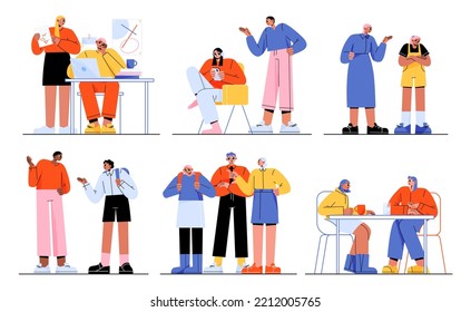 Teenage and parent relation problems. Mother and father scolding and blaming kids. Scenes of misunderstanding, dependence on gadgets, teenagers ignoring mom or dad, Line art flat vector Illustration